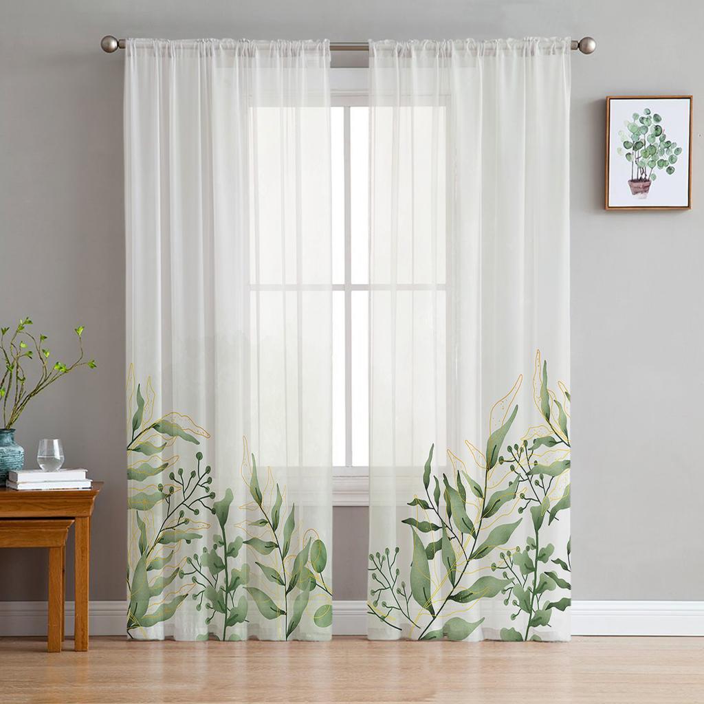 Grüne Blätter Zweige Einfacher Vorhang für Wohnzimmer Transparente Tüllvorhänge Fenstersheer für das Schlafzimmer Zubehör Dekor
