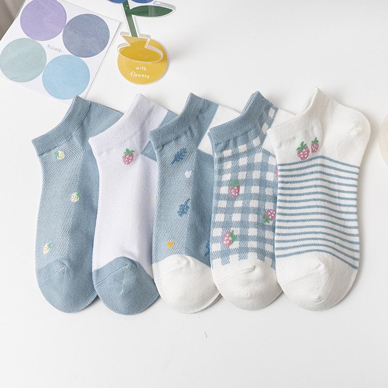 5 perechi de șosete scurte din bumbac de primăvară și de vară pentru femei japoneze, dulci, casual, cu desene animate, șosete pentru bărci