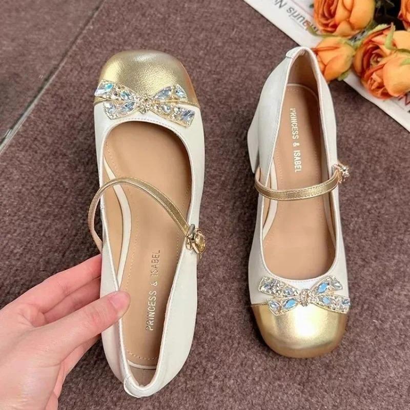 Luxury Sparkling Rhinestone Designer Mary Jane Shoes  Sweet Bow Color Block Buckle Lolita Shoes Party Banquet Women's Shoes