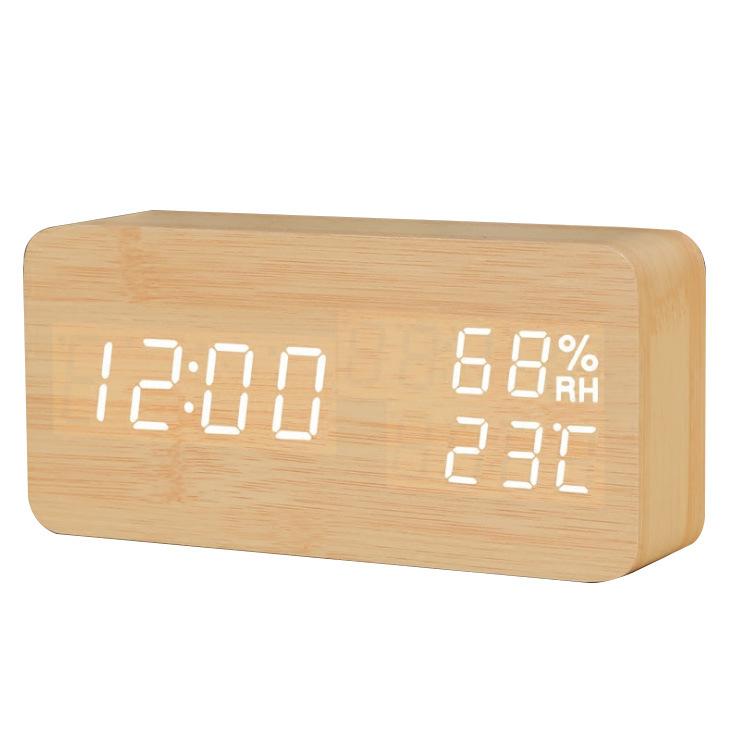 Rectangular Home Bedroom Electronic Temperature and Humidity Alarm Clock USB Voice Control LED Brightness Adjustment Digital Wood Clock
