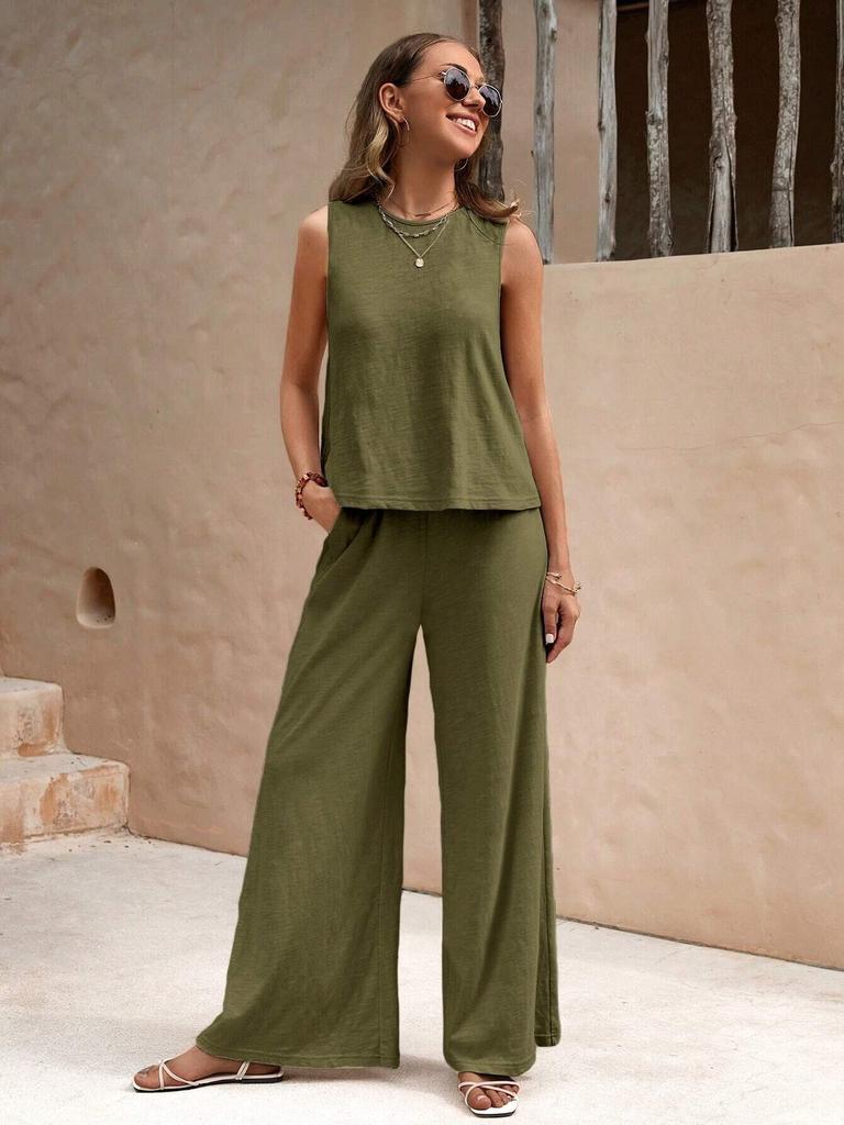 Women's Two-Piece Set Sleeveless Tank Top High Waist Wide Leg Pants Casual Outfit