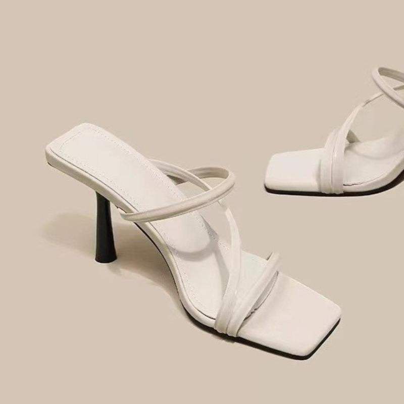 Fashion Temperament Square Head Slip-on Slippers Summer New Open-toed Thin Belt Anti-slip Wear-resistant High-heeled Shoes