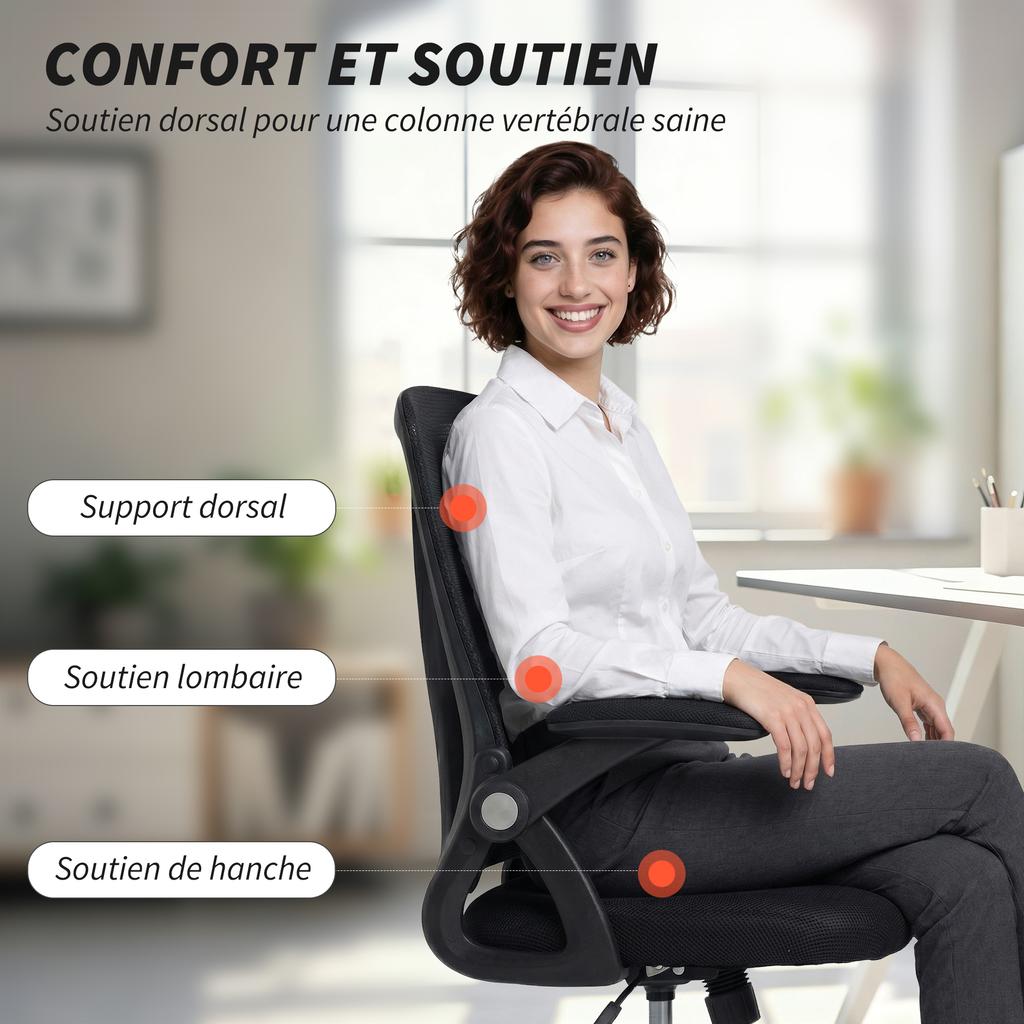 Ergonomic Office Chair, Mesh Office Armchair, Foldable Armrests, Adjustable Height, 59.5x56x103cm, Black