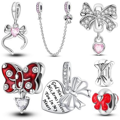 Original Copper Women Bow Charms Bead Zirconium Pink Rosette Pendants Fit Bracelets Diy Jewelry Lover Friend Gift