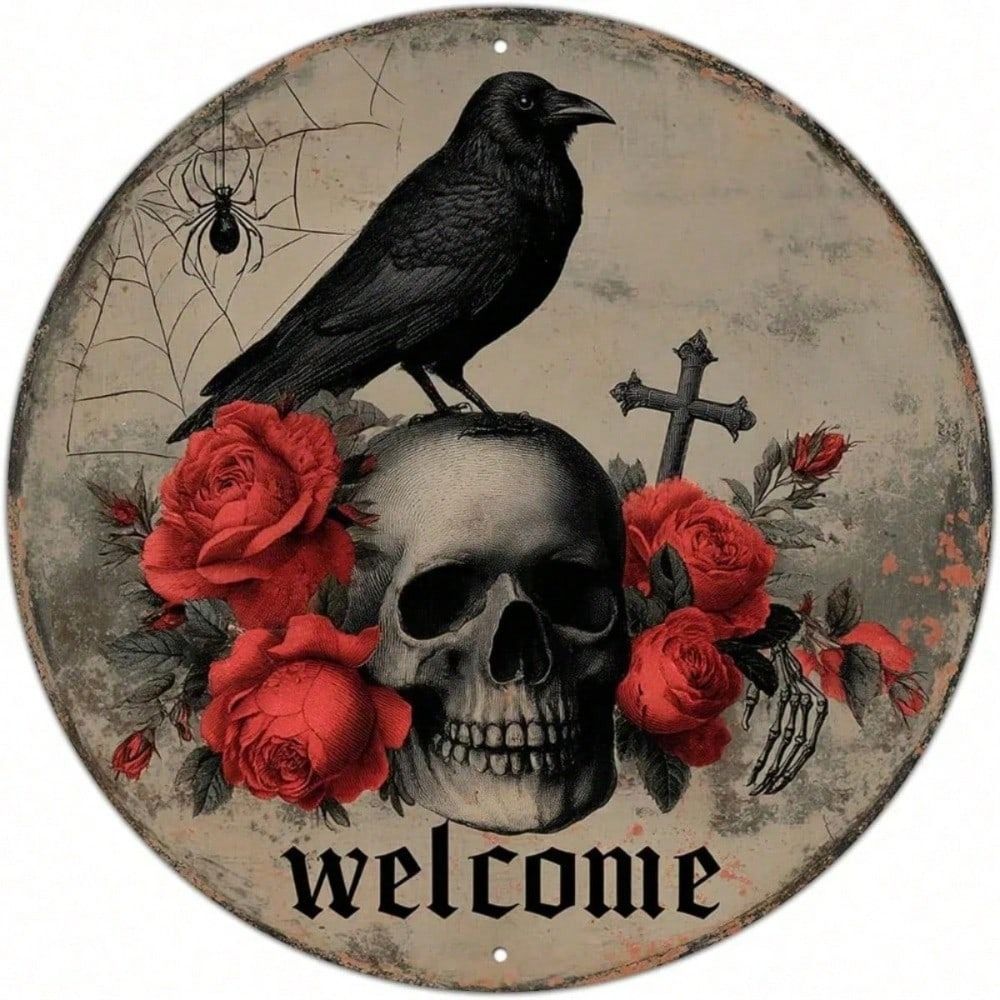 Metal Poster Skull Crow Halloween Wall Decor Vintage Bar Sign