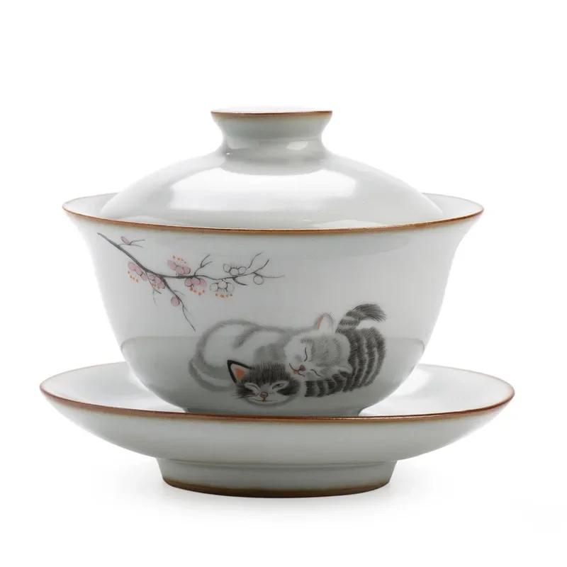 Traditional Ru Kiln Ceramic Tea Tureen Bowl Handmade Cat Pattern Teacup Travel Portable Gaiwan Home Tea Set Drinkware 160ml