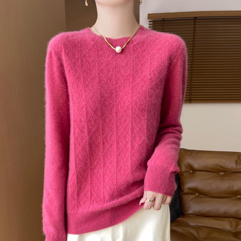 New Seamless One-line Cardigan Round Neck Floral Pullover Wool Knit Top for Women