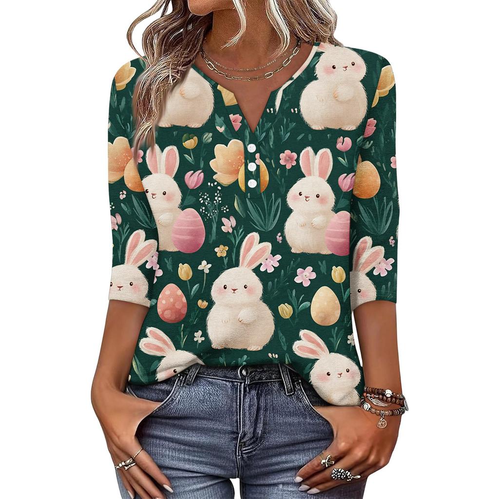 Top T-shirt de Damă la Modă și Casual cu Imprimeu Iepuraș de Paște și Ouă, Decolteu în V, Nasturi, Mânecă Trei Sferturi