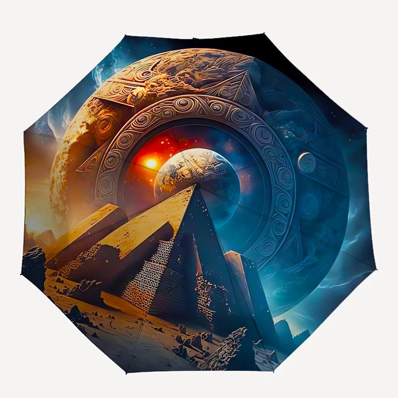 Antike Zivilisation, Kosmisches Tor Automatischer Regenschirm einfaches Acht-Rippen-Design, leuchtendes Farbmuster, robuster Eisenrahmen, ideal für