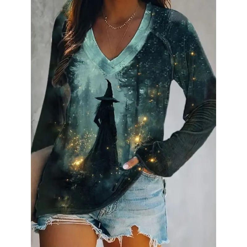2025 Halloween Dámská trička Grafická Čarodějnice Elegantní Vintage Trička Trička s dlouhým rukávem Výstřih do V Běžné Topy Ležérní Pulovr