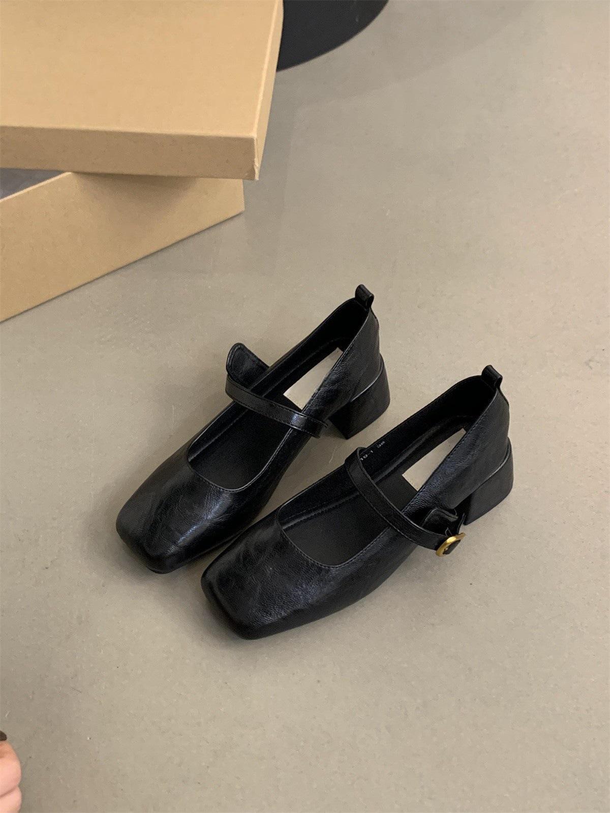 

Ретро квадратный носок, открытый рот, толстый каблук, одинарные туфли женские, весна-осень, новые, французский вечерний бриз, фея, мягкая кожа, Мэри Джейн, маленькая кожаная ш 39 чёрный