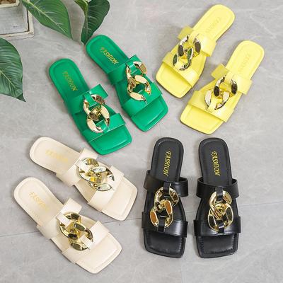 Summer Ladies Fashion Square Flip-flops, Flat Metal Decorative Outside To Wear Open-toed Flip-flops