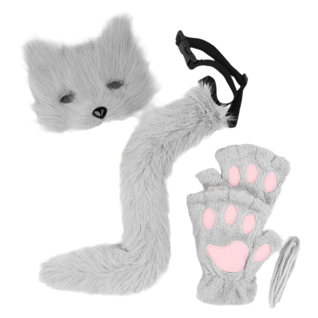 Mask and Tail Set Lovely for Women Girls Animal Tail Glove Set for Carnival Role Play Prom Stage Performance Halloween Party