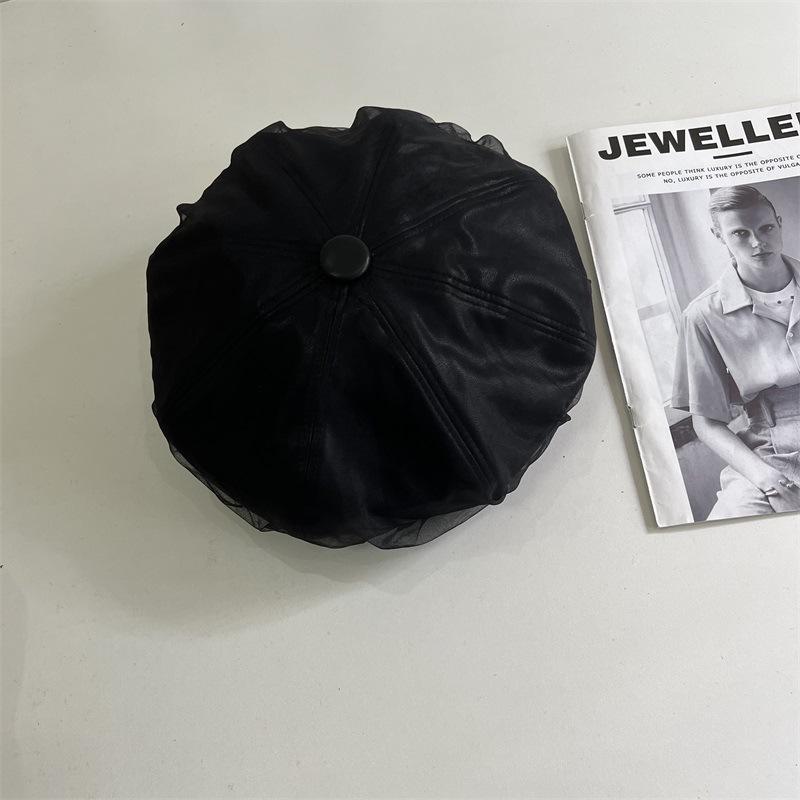 Autumn and Winter New PU Leather Mesh Yarn Brimeless Octagonal Beret Women's Leisure Show Face Small Painter Hat Fashionable