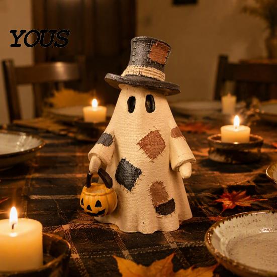Decorative Ghost Couple Set Halloween Patchwork Ornament, Hanging Pumpkin Lantern Resin Vintage Creative Holiday House Decor Figures for