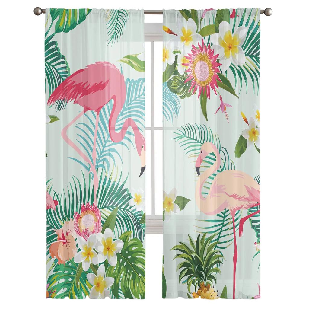 Flamingo Tropical Plant Flower Tulle Curtains Living Room Bedroom Kitchen Window Treatment Chiffon Curtain Blinds Light Filtering Polyester Great