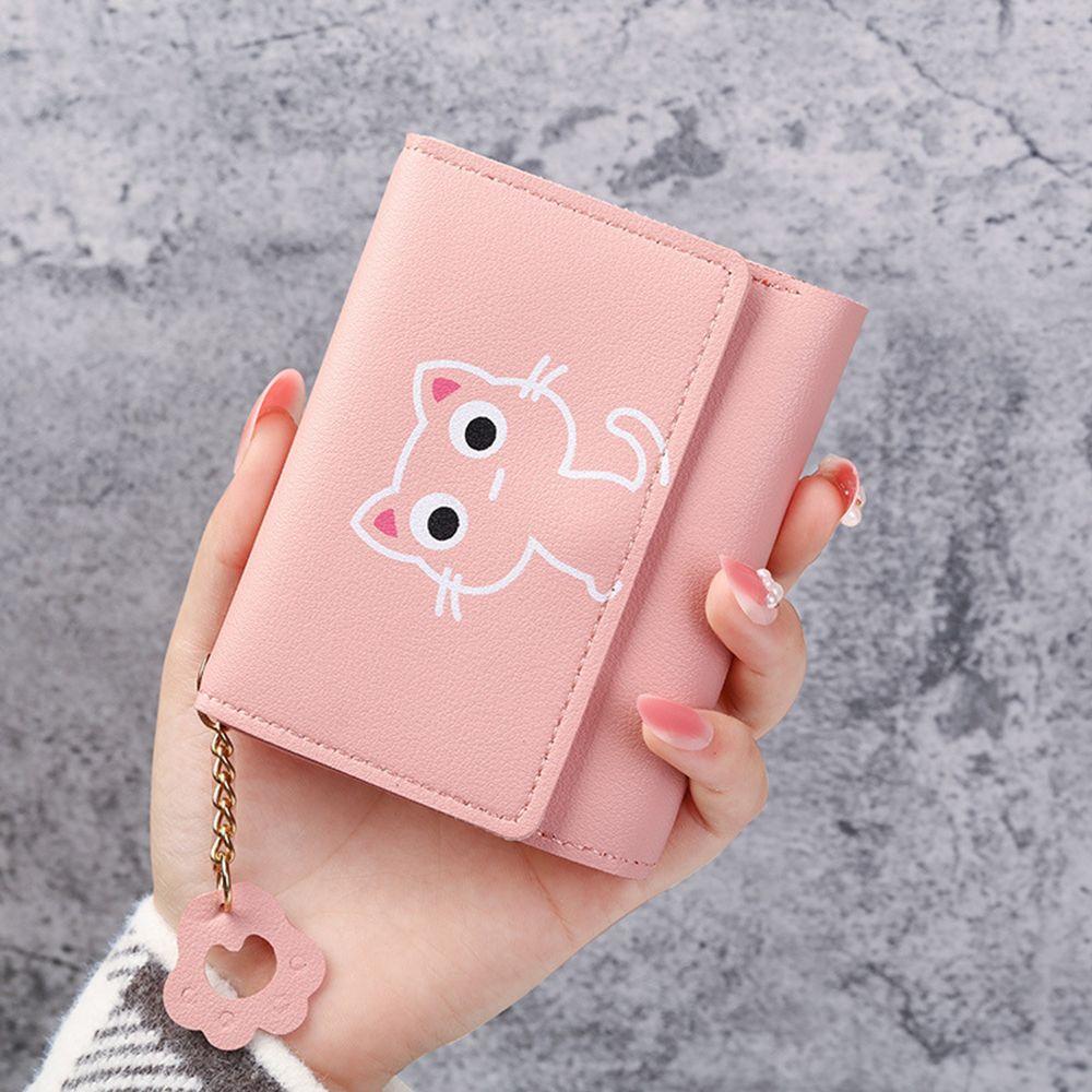 Women'S Wallet Cute Cat Short Wallet Small Genuine Leather Wallet Girls Purse Paper Clip Women'S Female Haop