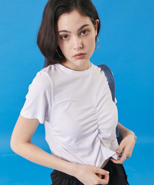 KOLEAT Women Summer Cooling Crop Shirred Slim Fit Short Sleeve Tee [White]