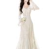 Women's V-Neck Lace Embroidered Mermaid Dress with Long Sleeves - French Gentle Style for Autumn