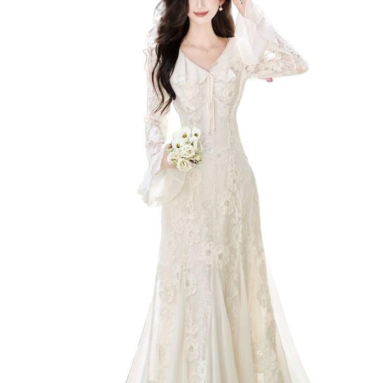 Women's V-Neck Lace Embroidered Mermaid Dress with Long Sleeves - French Gentle Style for Autumn