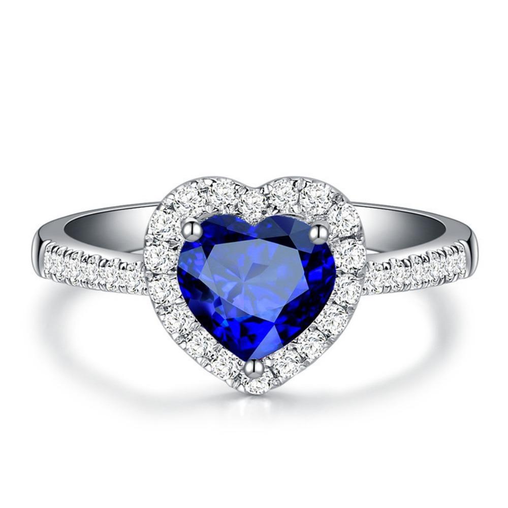 Royal Blue Heart Sapphire Ring for Women Silver Plated Elegant Gemstone Jewelry