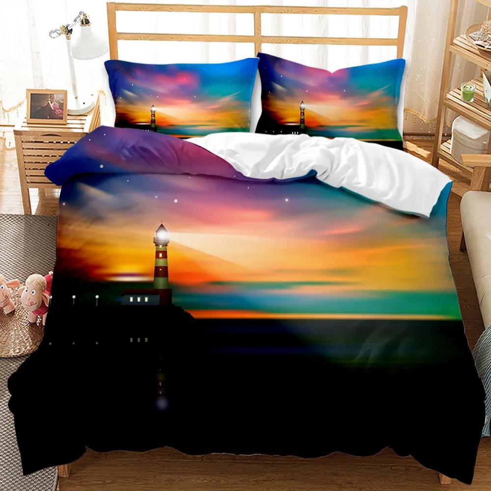 Lighthouse Duvet Cover Ocean Comforter Cover Nautical Quilt Cover Sunset Nature Double Queen King Size Polyester Bedding Set
