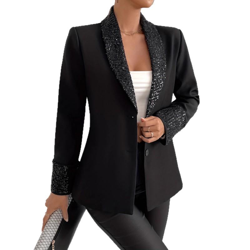 Womens Black Elegant Blazer Top With Sequin Patchwork Long Sleeve Office Wear