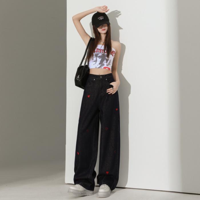

Heart Embroidery Wide-Leg Jeans: Women s 2025 Spring Fashion, Casual Slimming Design. Double Extra Large