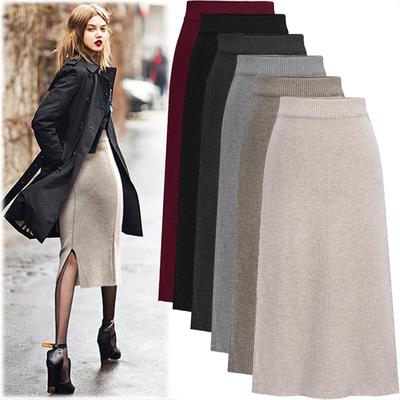 Podzimní Zimní Pletená Tužková Sukně Dámská Sukně s Vysokým Pasem Dámská Pletená Sukně s Rozparkem Midi pro Ženy Podzim Plus Size
