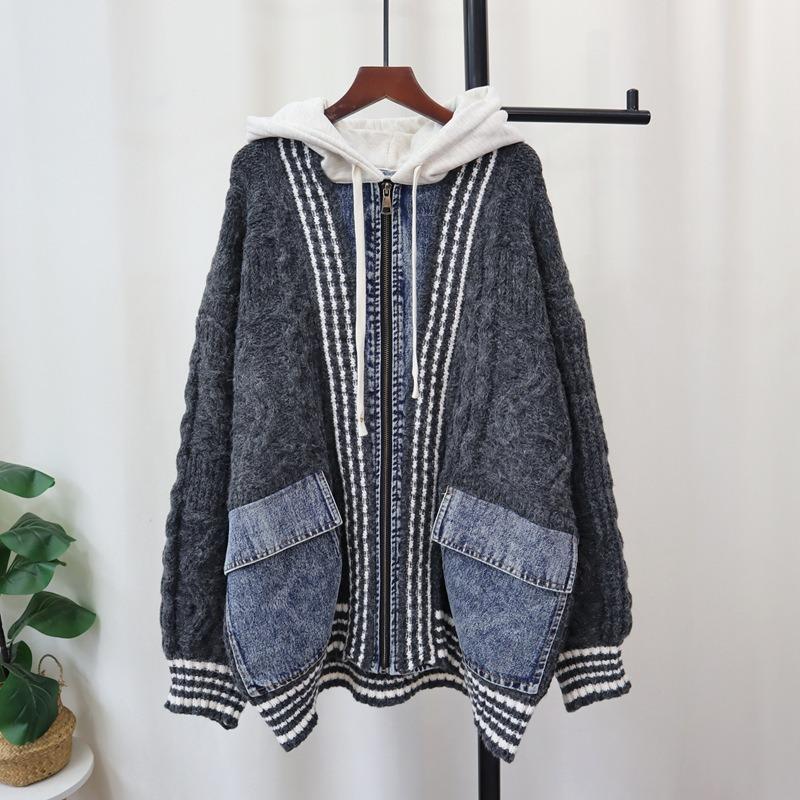 Autumn and Winter New Hooded Splicing Denim Zipper Knitted Cardigan Thickened Loose Design Sweater Jacket Women