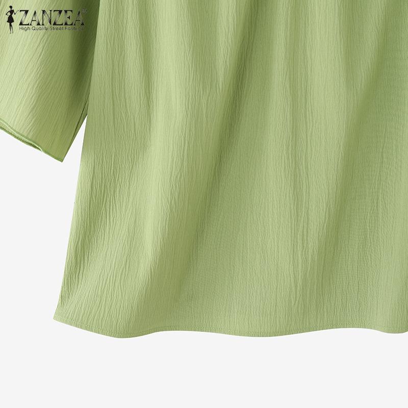 ZANZEA Women Casual Stand Collar Loose 3/4 Sleeve Solid Blouse