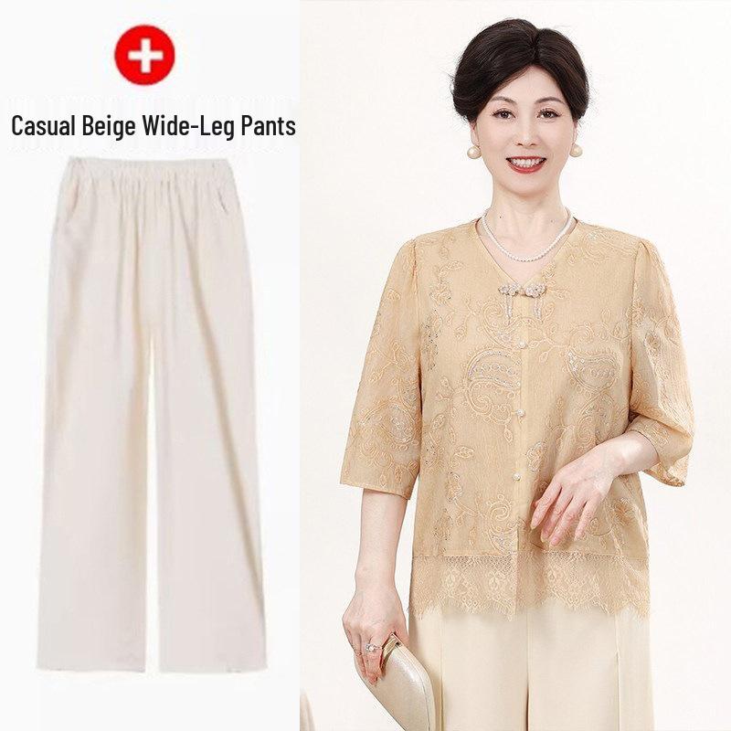 2026 Early Spring Chinese Style Sequin V-Neck T-shirt for Middle-Aged & Elderly Women