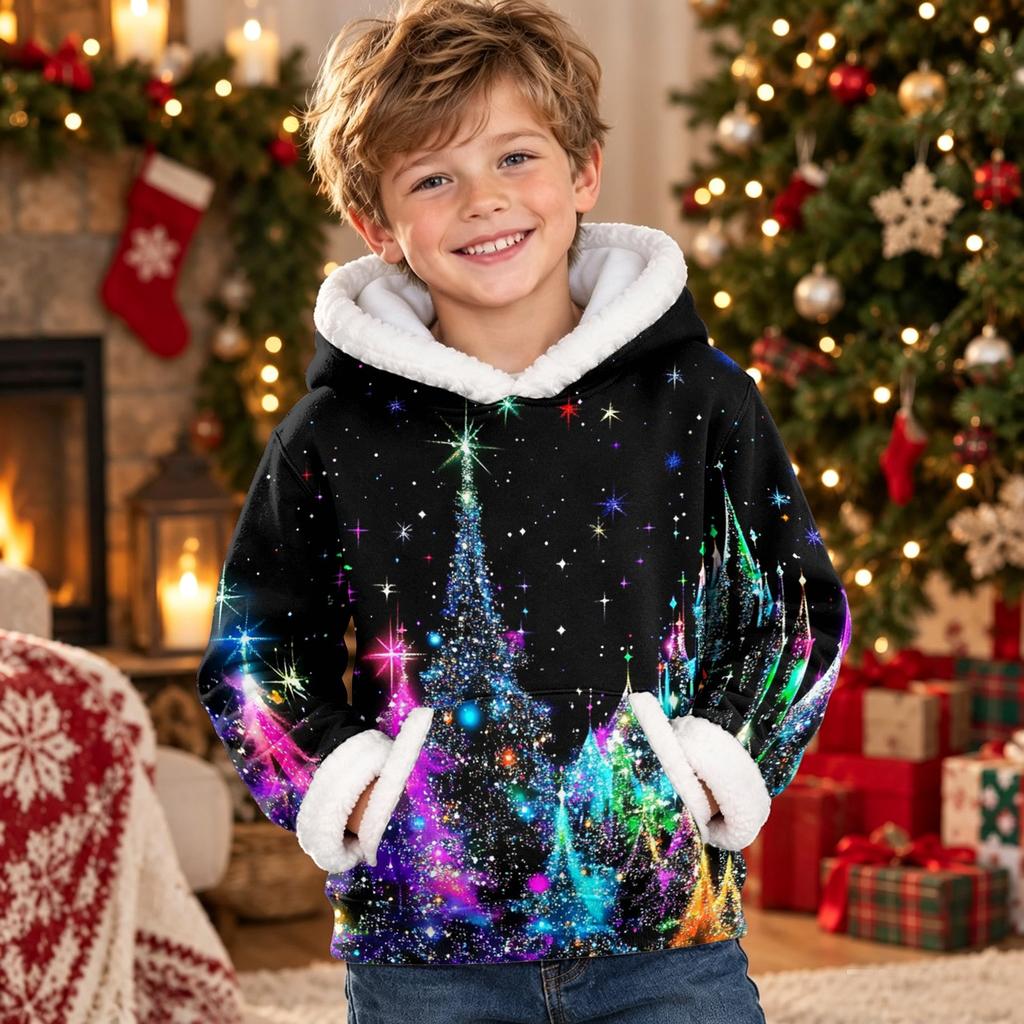 Kids Long Sleeve Christmas Print Casual Fashion Hooded Top