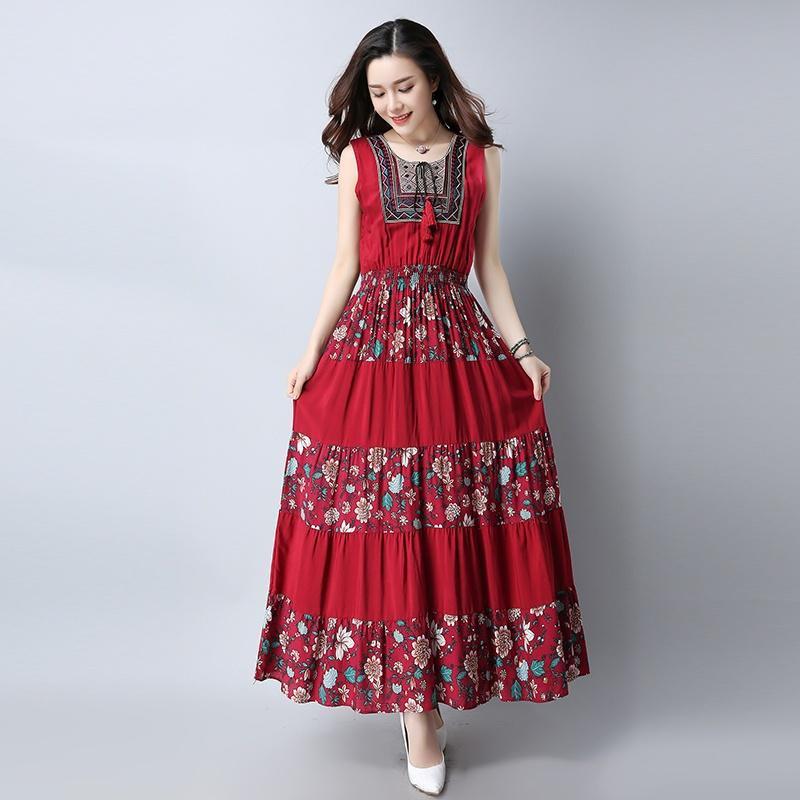 

Летняя мода Женское платье в народном стиле из хлопка и льна Вышитое Макси без рукавов XXL