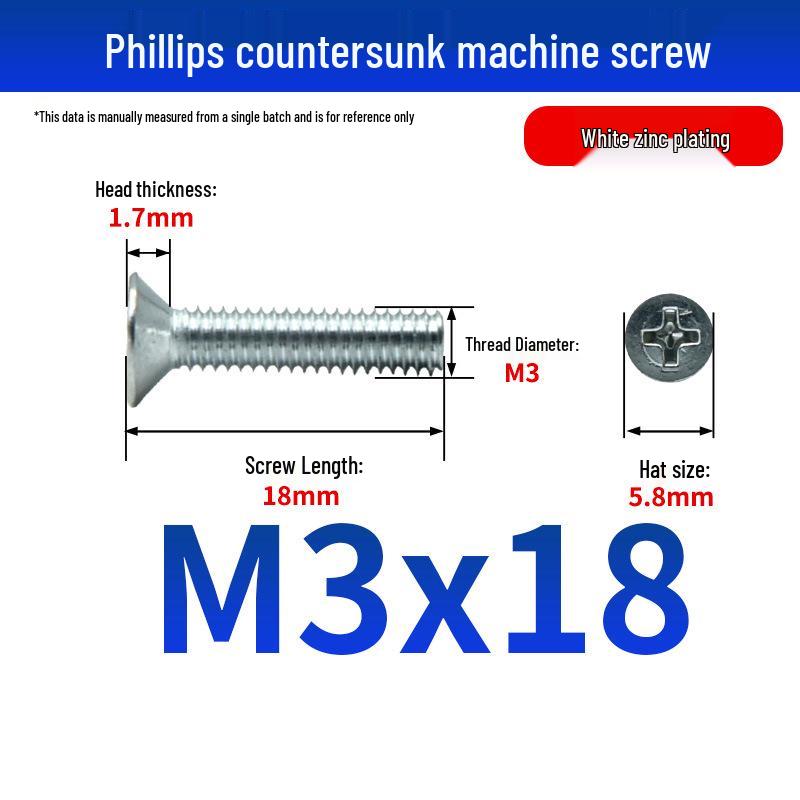 White Zinc Plated Cross Recessed Countersunk Head Screws & Bolts, Machine Thread, M3-M12