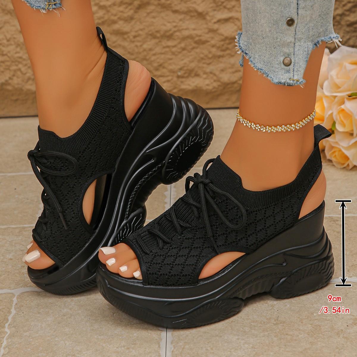 

Summer Casual Platform Wedge Sandals with Woven Elastic Upper and Lace-up Closure 43 чорний