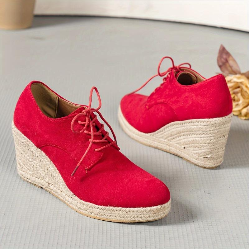 Women's Solid Color Stylish Shoes, Lace Up Low-top Platform Wedge Shoes, Espadrilles Round Toe Versatile Shoes