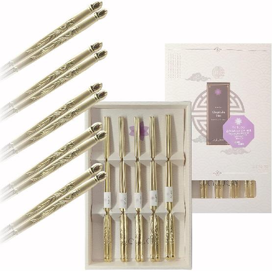 Korean Flat Chopsticks [5 Sets][Made in Korea] 304 Premium Stainless Steel Mukbang Utensil Cutlery Silverware Metal Chopsticks (Orchid Painting)
