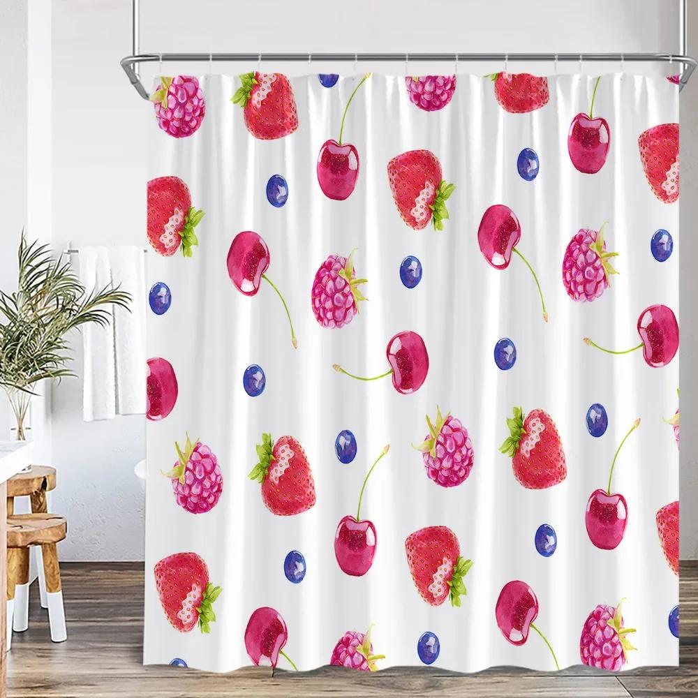 Summer Pink Fruit Shower Curtain Strawberry Cherry Peach Watermelon Shower Curtain Girl Woman Polyester Bathtub Decoration