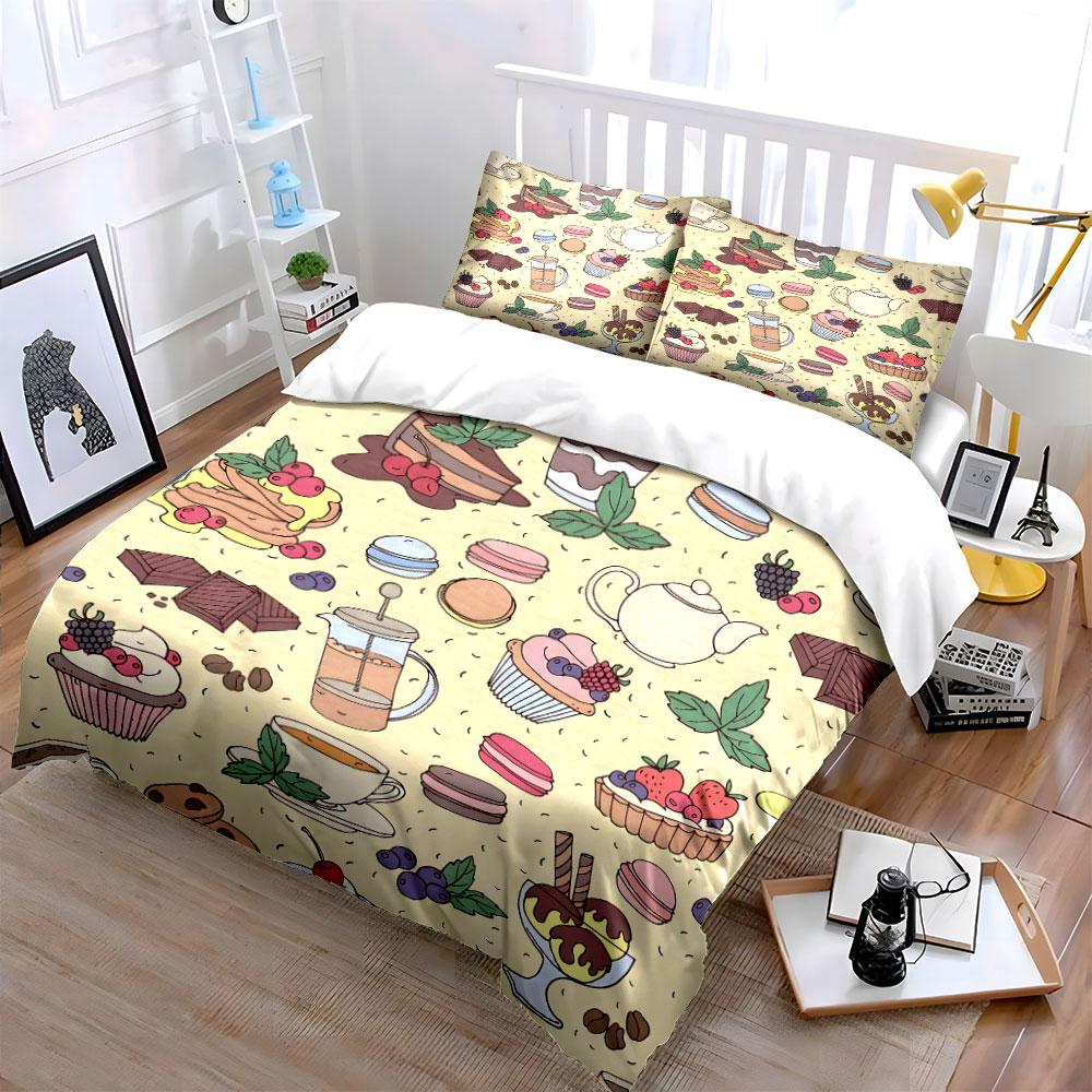 Desserts and Beverages Pattern Bedding Duvet Cover Set (1*Duvet Cover 2*Pillowcases, Without Duvet Insert)