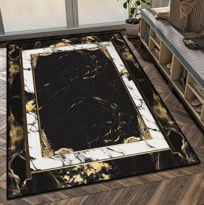 Luxury Black Marble Area Carpet Office Bedroom White and Gold Border Design Suitable for Modern Living Spaces, Bedroom Carpet