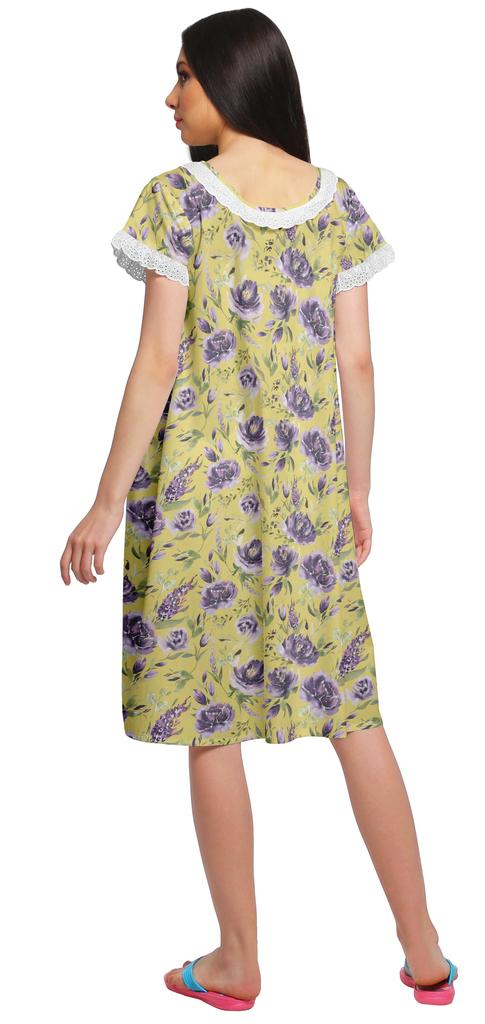 Moomaya Printed Short Sleeve Knee Length Nightdress Round Neck Sleepwear