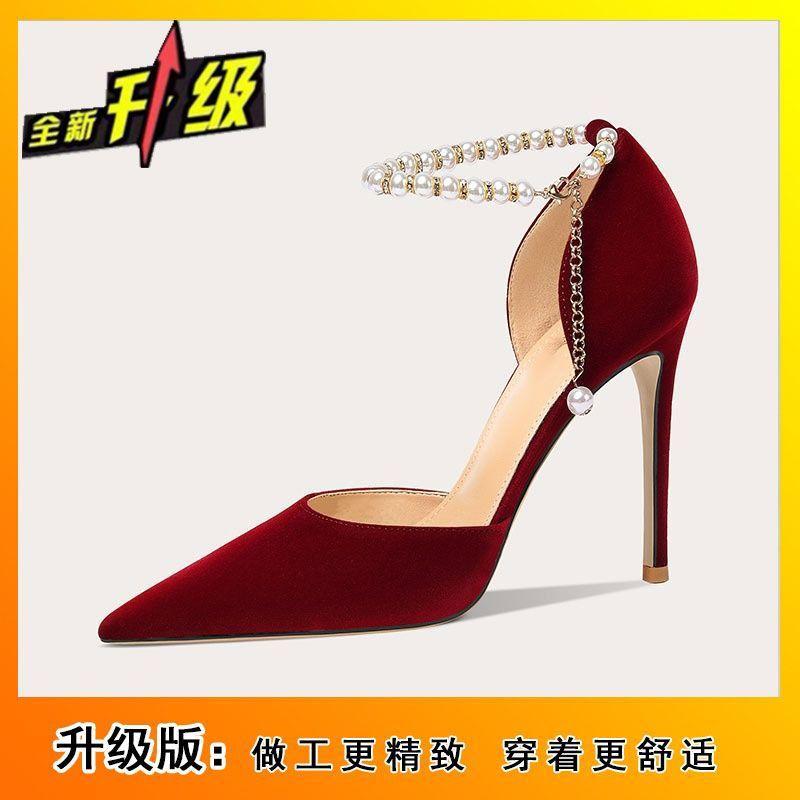 

Свадебные туфли туфли для невесты красные туфли-лодочки с острым носком 2025 новые универсальные ремешки с жемчугом не устают ноги белые туфли на высоком каблуке 40
