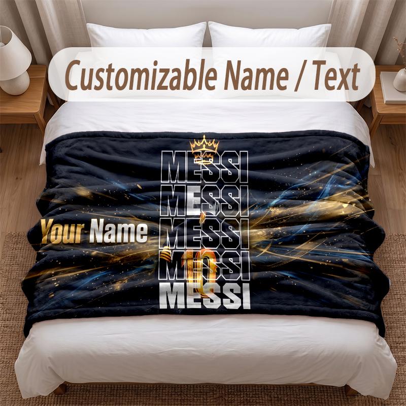 Lionel Messi Printed Flannel Blanket Custom Name Text Soft Warm Throw For Bedroom Holiday Gift