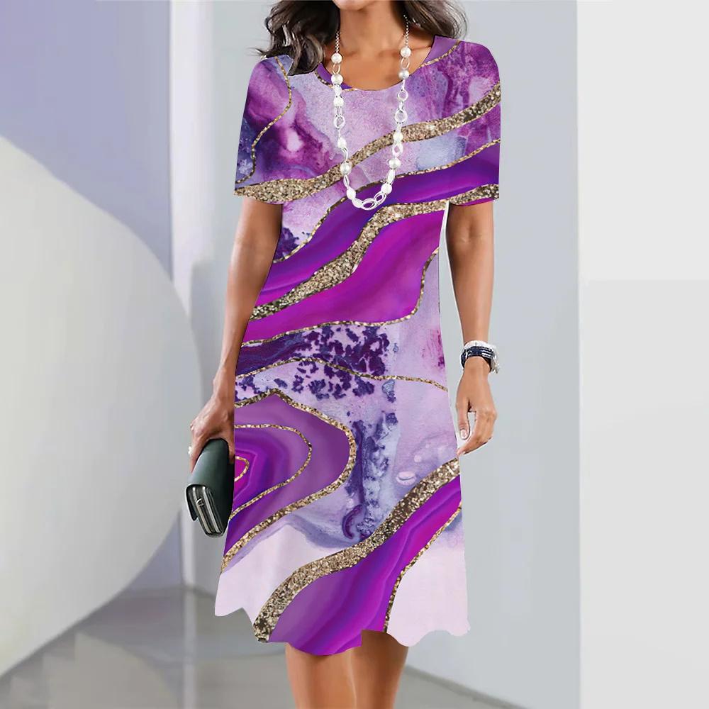 Fashion Women's Clothes Striped Printed Dress Women's Elegant and Cute Party Dress Summer Short-sleeved Pullover Color Impact Dress