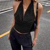Damen Sommer Halter Neck Schalkragen Streifen Ärmellos Schlank Geschnitten Cropped Lässiges Tanktop