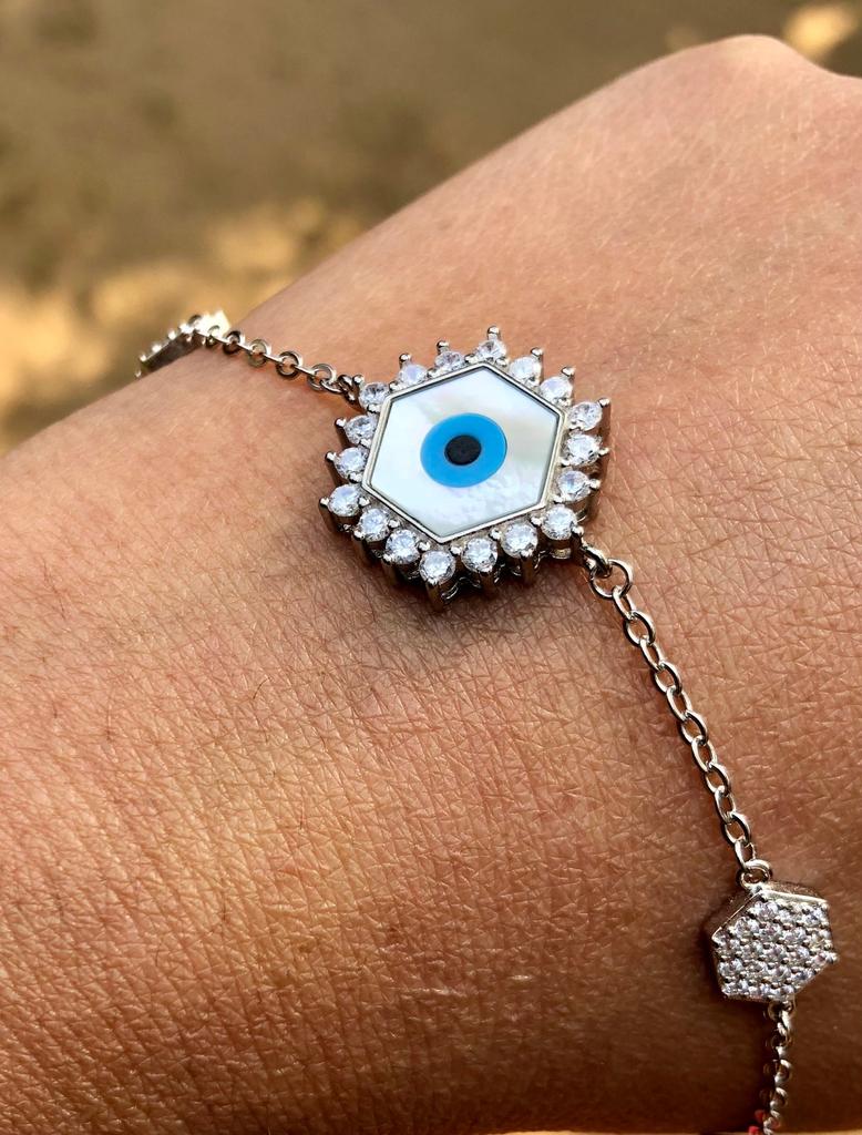 Artisan Crafted 925 Silver Evil Eye Protection Bracelet, Amulet Nazariya, Mother of Pearl Jewelry, Handmade, Handcrafted 7" + 1" ext, 6.2 gm