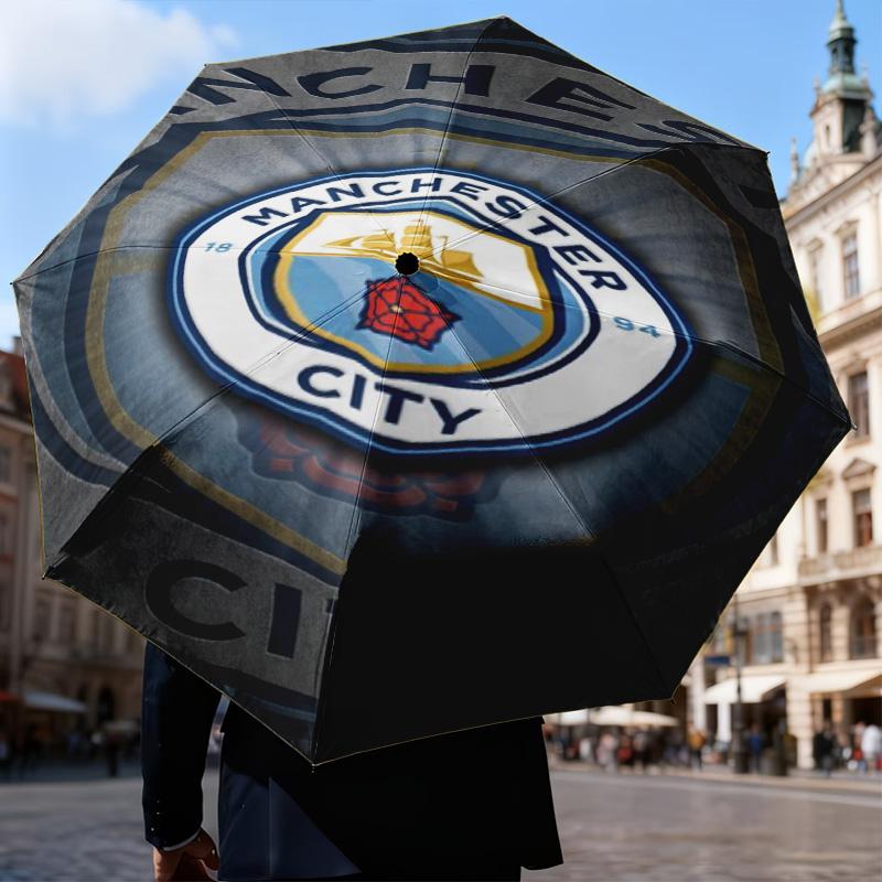 1 Pezzo Ombrello Pieghevole Stampato Manchester City F.C, Ombrello Automatico a 8 Stecche per Viaggio, Campeggio, Regali per Fan, Regali di Natale