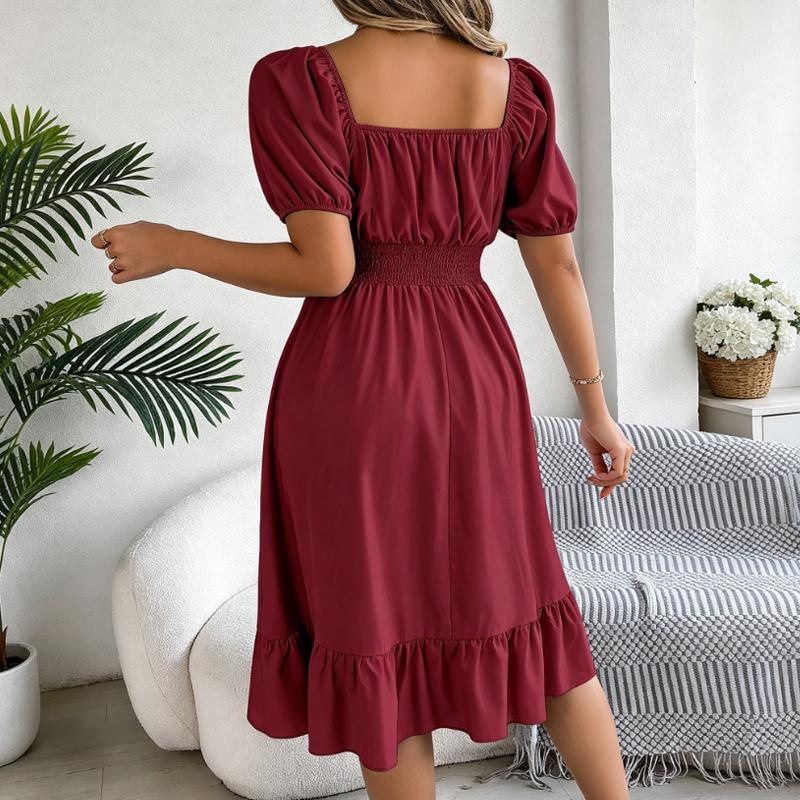 Women's Square Neck Puff Sleeve Midi Dress, Smocked Waist Ruffle Hem A-Line Casual Dress for Spring and Summer