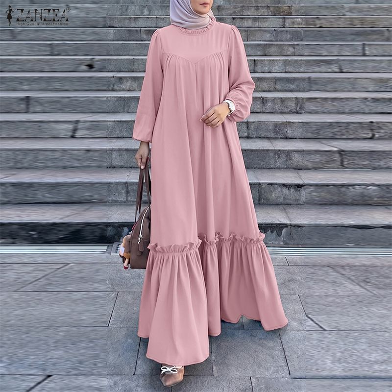 ZANZEA Women Muslim Casual Round Neck Solid Color Long Sleeve Loose Long Dress